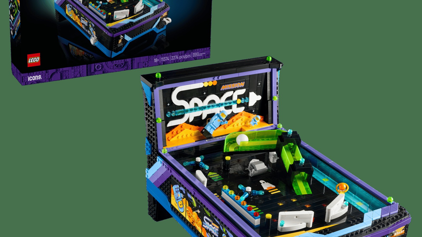 LEGO Icons Arcade Pinball Machine box and completed build for set 11374.