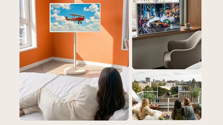 LG StanbyME 2 Max portable touchscreen display shown in several home viewing setups