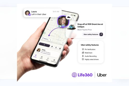 Life360 Uber Family rides integration showing a ride on the Life360 map with Uber safety features