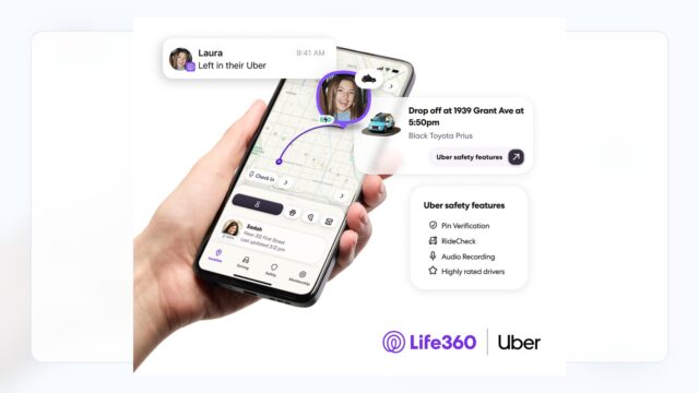 Life360 Uber Family rides integration showing a ride on the Life360 map with Uber safety features