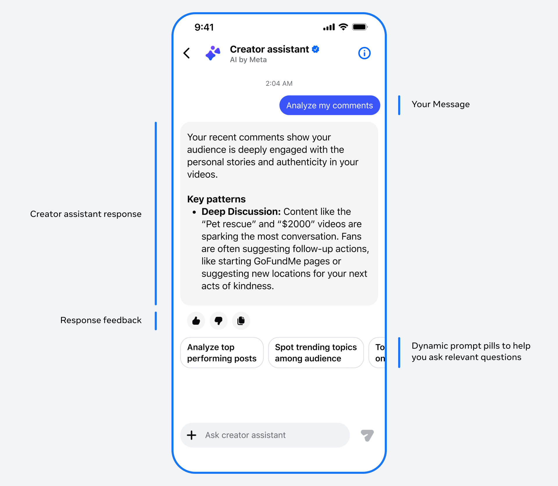 Screenshot showing Meta Creator Assistant chatbot interface with conversational prompts on Facebook