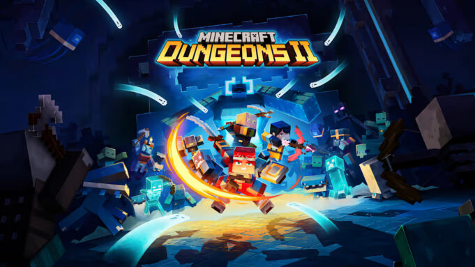 Official eShop artwork for Minecraft Dungeons II showing characters fighting blocky monsters.