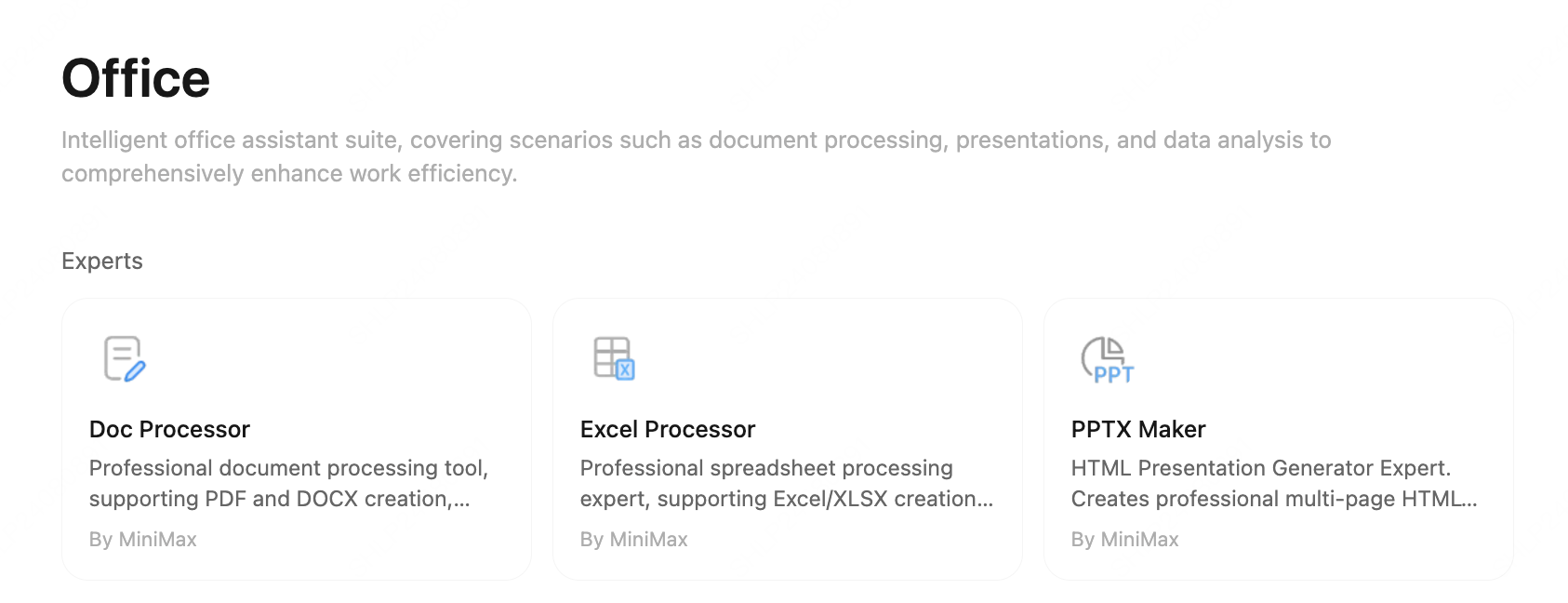 MiniMax Code Office experts screenshot showing document, Excel, and PPTX processing tools.