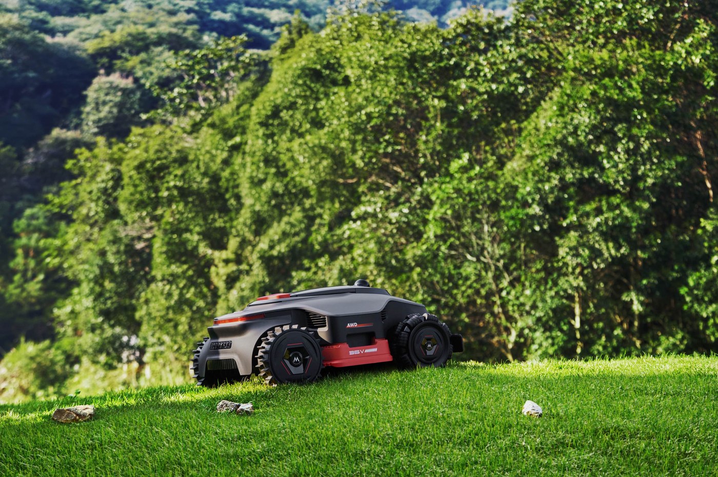 MOVA LiDAX Ultra 2000 AWD robotic lawn mower on a sloped lawn