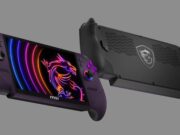 MSI Claw 8 EX AI+ gaming handheld shown from the front and back in purple