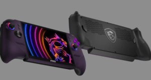 MSI Claw 8 EX AI+ gaming handheld shown from the front and back in purple