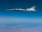 NASA X-59 quiet supersonic jet in flight during its first supersonic mission