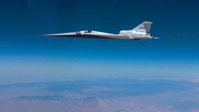NASA X-59 quiet supersonic jet in flight during its first supersonic mission