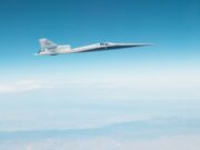 NASA X-59 quiet supersonic aircraft flying during its Mach 1.4 mission conditions test flight.