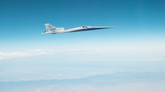NASA X-59 quiet supersonic aircraft flying during its Mach 1.4 mission conditions test flight.