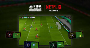 Illustration of Netflix Games' FIFA World Cup game on a tv screen, showing four floating smartphones acting as controllers.