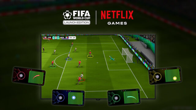 Illustration of Netflix Games' FIFA World Cup game on a tv screen, showing four floating smartphones acting as controllers.