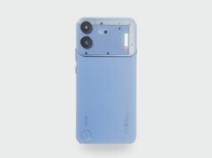 The full Nothing Phone 4b rear in light blue, showing the dual cameras and five-panel Glyph from Nothing's reveal