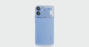The full Nothing Phone 4b rear in light blue, showing the dual cameras and five-panel Glyph from Nothing's reveal