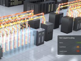 NVIDIA render of a closed-loop liquid cooling system in a data center, with orange coolant pipes feeding racks and a Hot Liquid Cooling status panel.