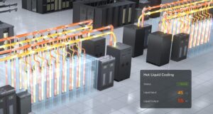 NVIDIA render of a closed-loop liquid cooling system in a data center, with orange coolant pipes feeding racks and a Hot Liquid Cooling status panel.