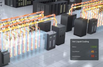 NVIDIA’s New Cooling Design Targets a 100% Cut in Data Center Water Use NVIDIA render of a closed-loop liquid cooling system in a data center, with orange coolant pipes feeding racks and a Hot Liquid Cooling status panel.