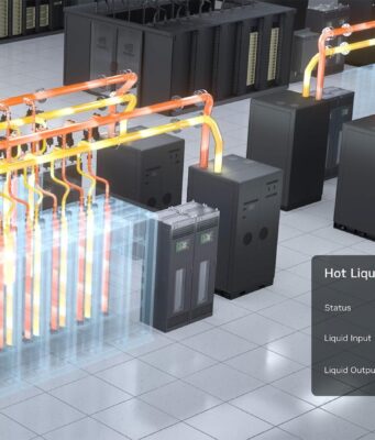 NVIDIA render of a closed-loop liquid cooling system in a data center, with orange coolant pipes feeding racks and a Hot Liquid Cooling status panel.