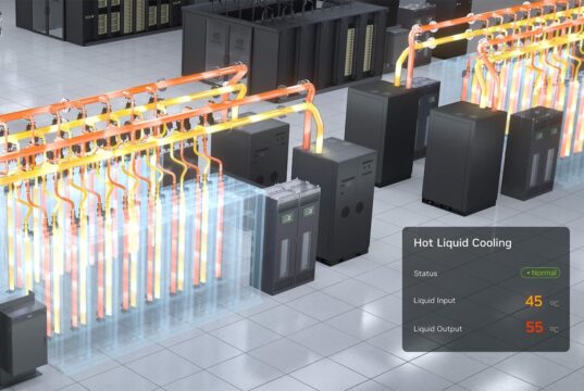 NVIDIA render of a closed-loop liquid cooling system in a data center, with orange coolant pipes feeding racks and a Hot Liquid Cooling status panel.