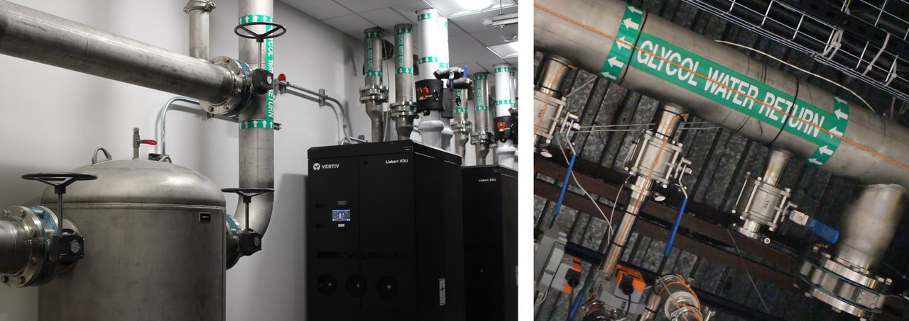 NVIDIA data center plumbing with a pipe labeled GLYCOL WATER RETURN, part of the closed-loop liquid cooling system