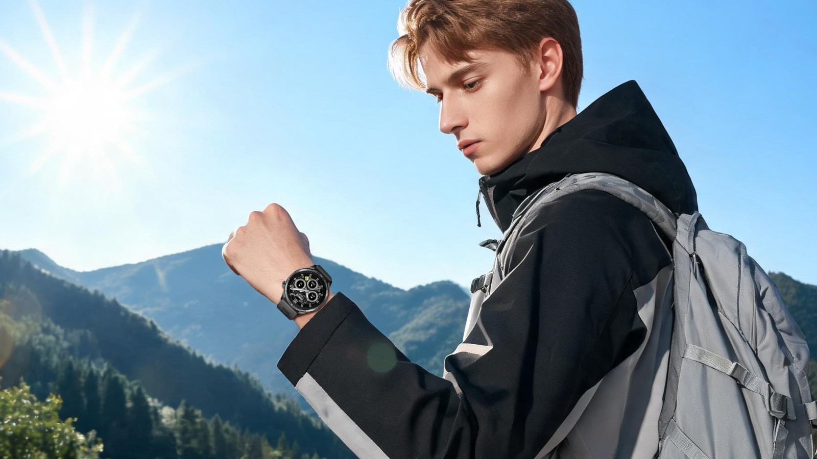 Person checking the Honor Watch 6 outdoors on a mountain hike