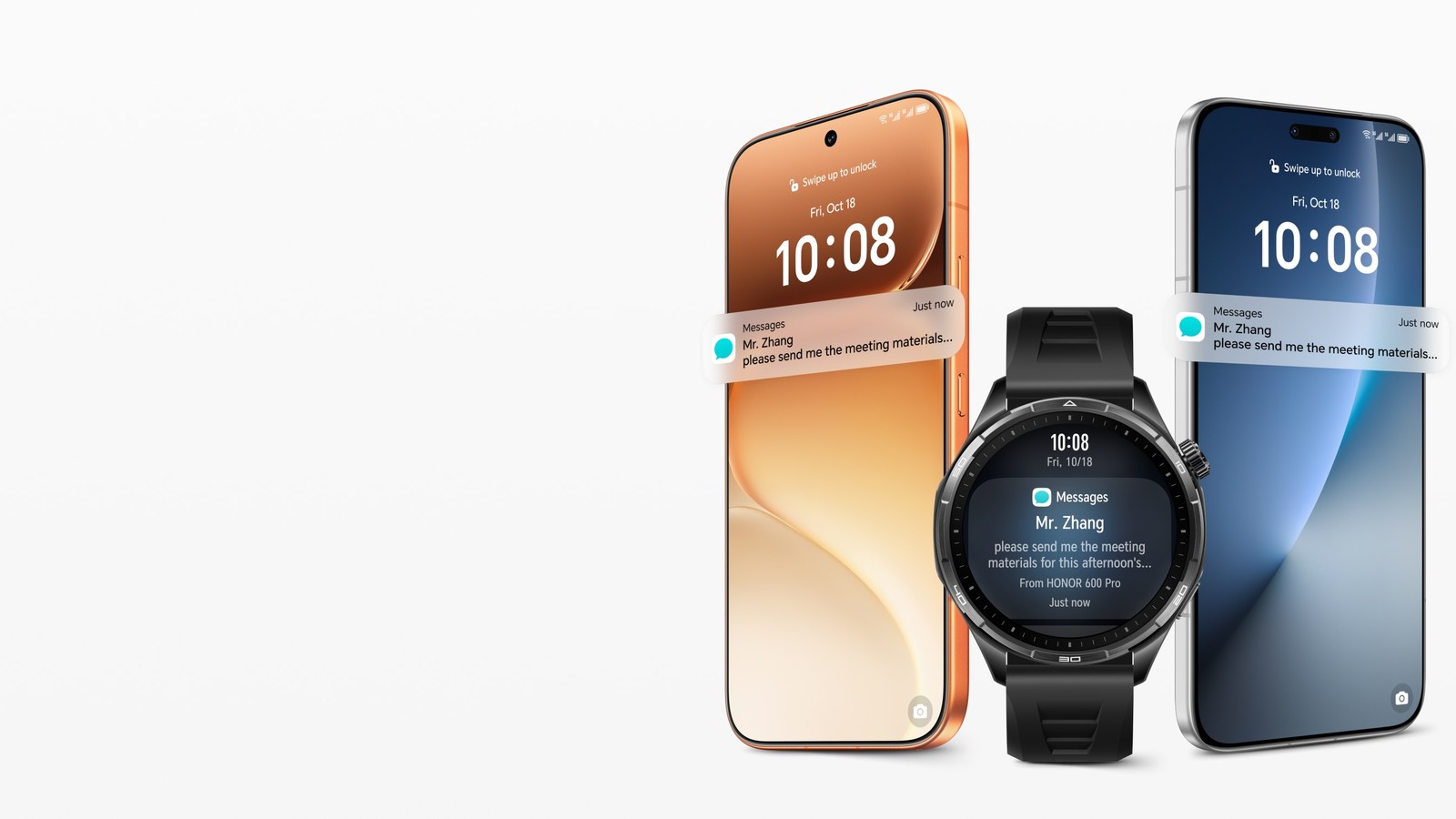 Honor Watch 6 showing message notifications alongside two smartphones