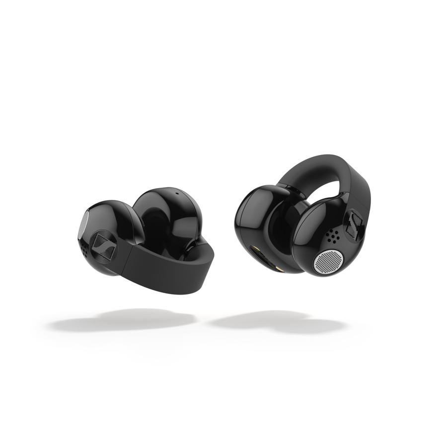 Black Sennheiser ACCENTUM Clip earbud showing the curved clip bridge and speaker opening.