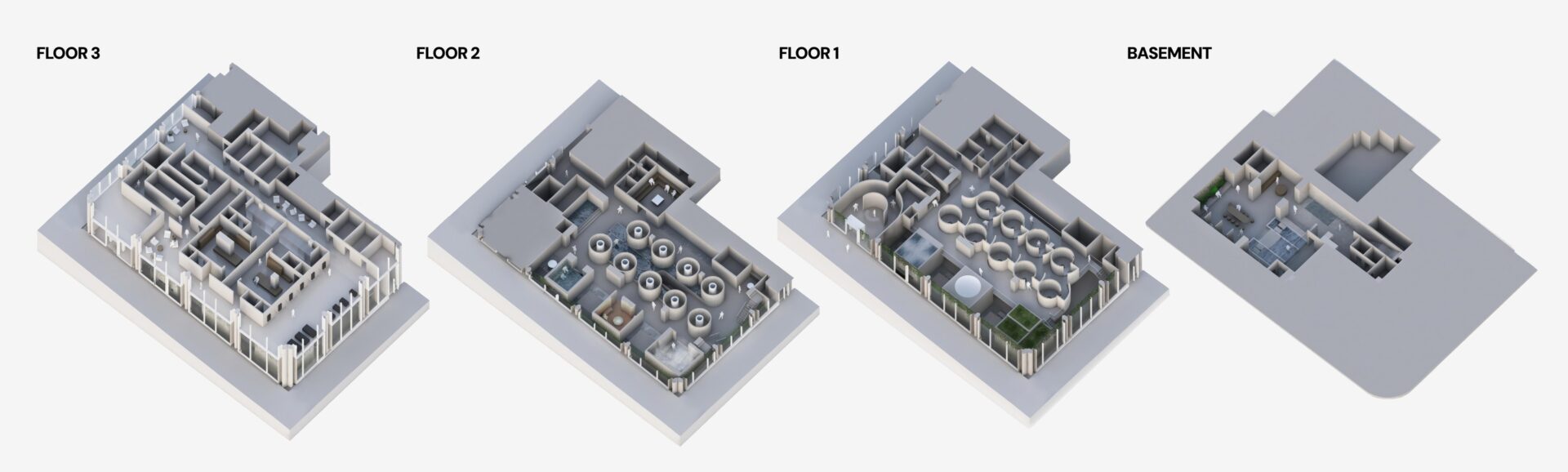 Midjourney Spa floor plan showing floor 3, floor 2, floor 1, and basement layouts.