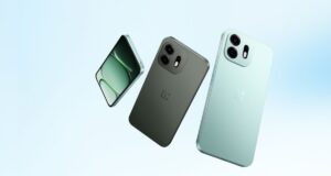 Official clean press render of the OnePlus N Series showing three phone variants in mint green and charcoal black against a light blue gradient