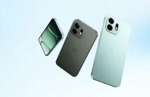 Official clean press render of the OnePlus N Series showing three phone variants in mint green and charcoal black against a light blue gradient