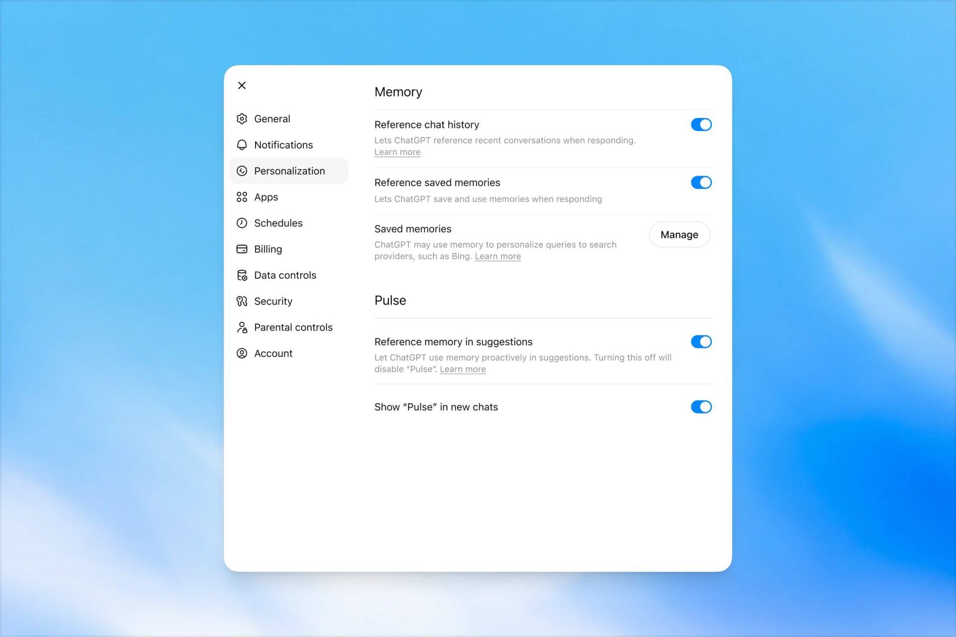 ChatGPT memory settings screenshot from OpenAI showing memory controls