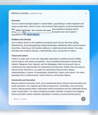 ChatGPT Memory Is Becoming More Personal ChatGPT memory summary screenshot from OpenAI showing editable remembered context