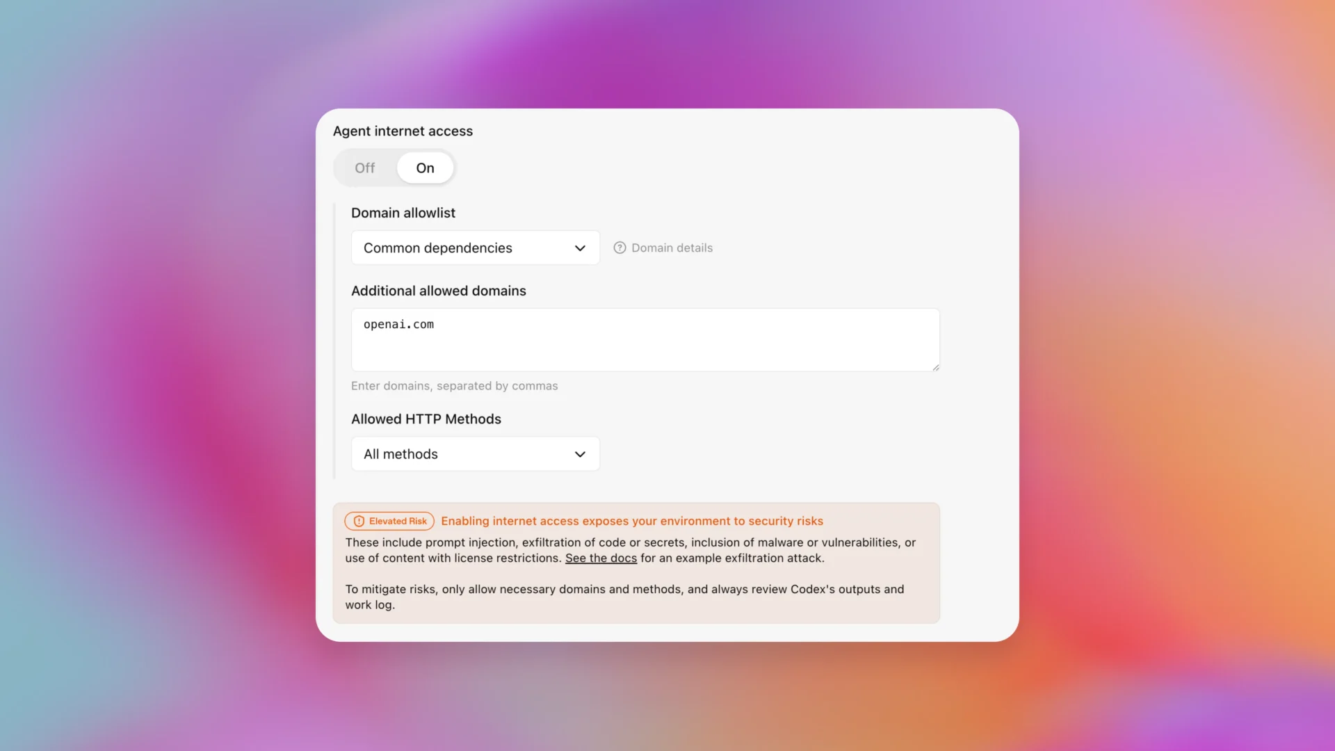 OpenAI Codex settings screenshot showing an Elevated Risk warning