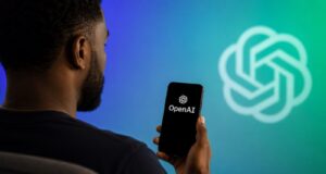 African American man holding a phone showing OpenAI branding for IPO news