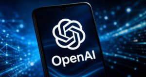 OpenAI logo displayed on a smartphone against a blue digital network background
