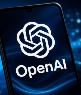 Getty Images Deal Brings Licensed Photos Into ChatGPT Search OpenAI logo displayed on a smartphone against a blue digital network background
