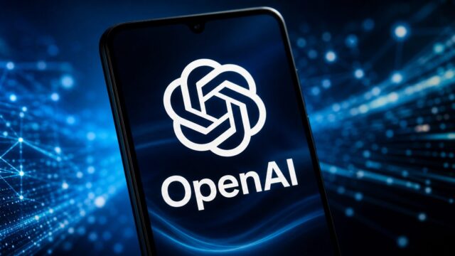 OpenAI logo displayed on a smartphone against a blue digital network background