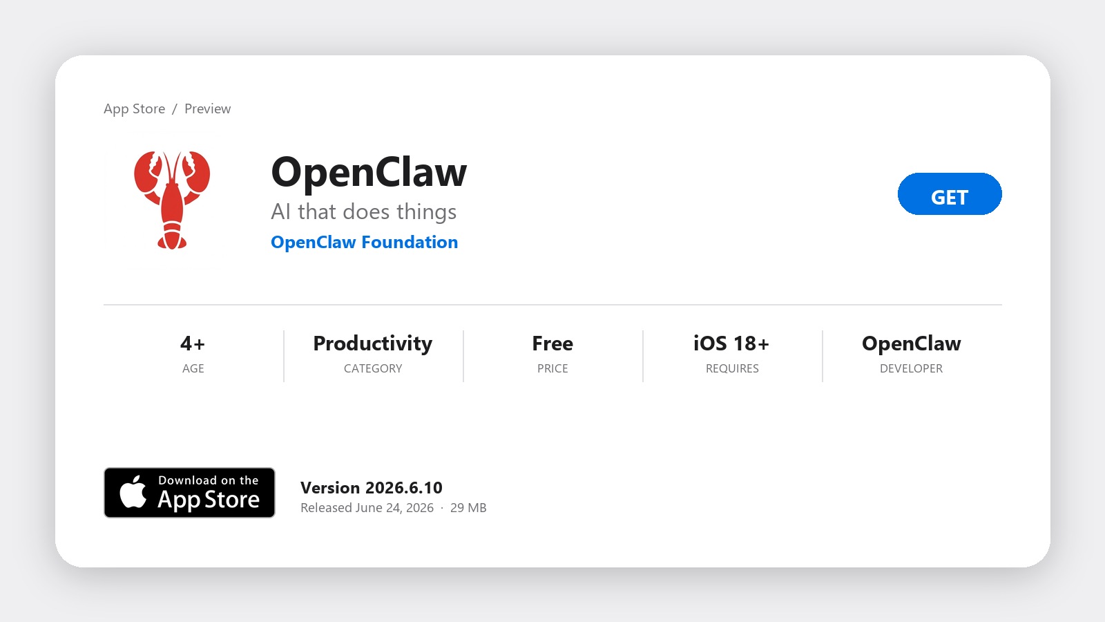 OpenClaw on the Apple App Store, a free Productivity app by the OpenClaw Foundation requiring iOS 18 or later