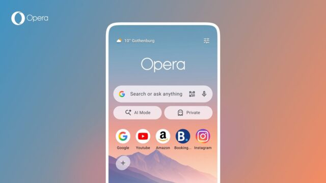 Opera for Android refreshed start page Opera for Android refreshed start page with search, AI Mode, Private mode and Speed Dial shortcuts.