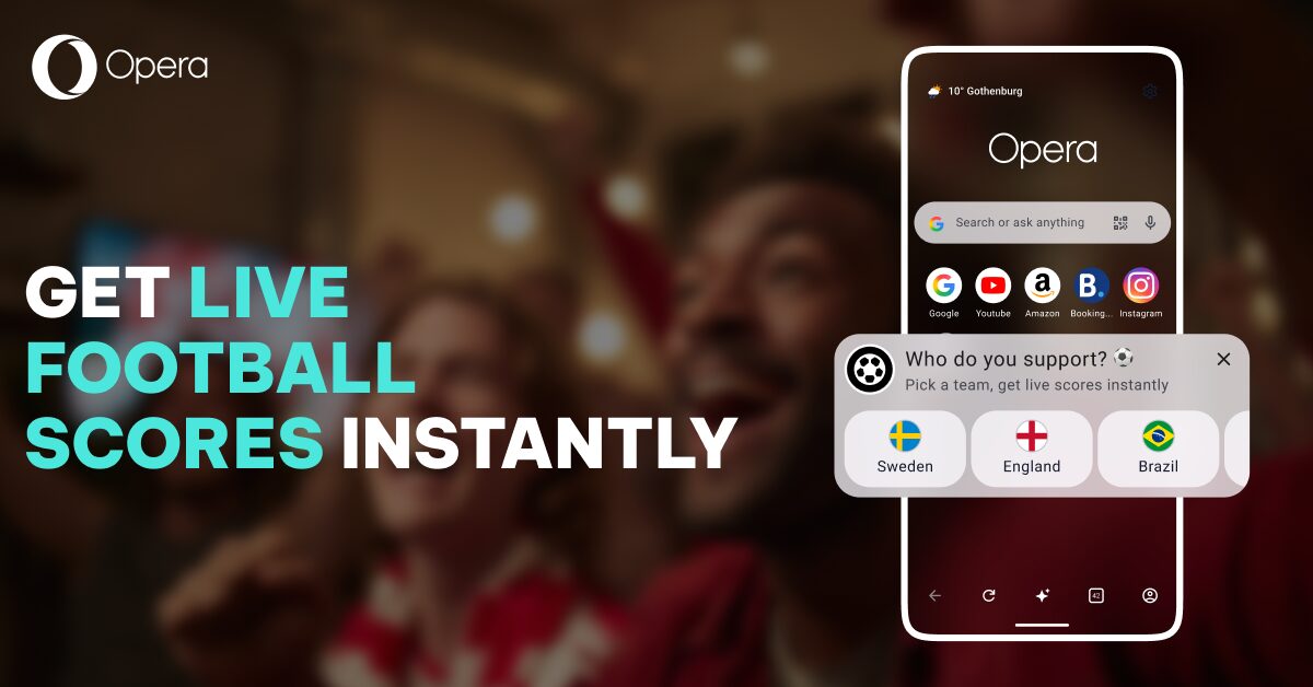 Opera for Android live football scores feature with team selection and match updates.