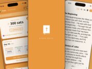 Official Orange Bible press image: three iPhones showing the app UI, including a 300-satoshi balance, a reading plan and a scripture view, with the maker Stack Faith branding.