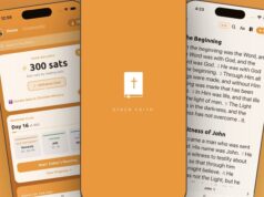 Official Orange Bible press image: three iPhones showing the app UI, including a 300-satoshi balance, a reading plan and a scripture view, with the maker Stack Faith branding.