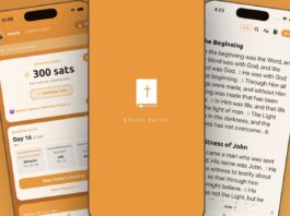 Official Orange Bible press image: three iPhones showing the app UI, including a 300-satoshi balance, a reading plan and a scripture view, with the maker Stack Faith branding.