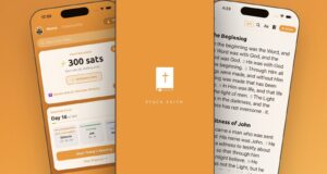 Official Orange Bible press image: three iPhones showing the app UI, including a 300-satoshi balance, a reading plan and a scripture view, with the maker Stack Faith branding.