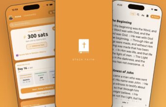 Orange Bible Pays Out Bitcoin for Daily Scripture Reading Official Orange Bible press image: three iPhones showing the app UI, including a 300-satoshi balance, a reading plan and a scripture view, with the maker Stack Faith branding.