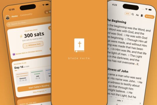 Official Orange Bible press image: three iPhones showing the app UI, including a 300-satoshi balance, a reading plan and a scripture view, with the maker Stack Faith branding.