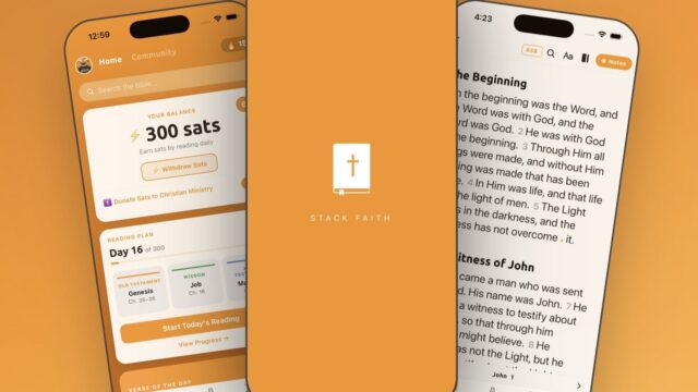 orange-bible-app-official Official Orange Bible press image: three iPhones showing the app UI, including a 300-satoshi balance, a reading plan and a scripture view, with the maker Stack Faith branding.