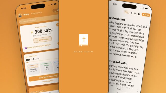 Official Orange Bible press image: three iPhones showing the app UI, including a 300-satoshi balance, a reading plan and a scripture view, with the maker Stack Faith branding.
