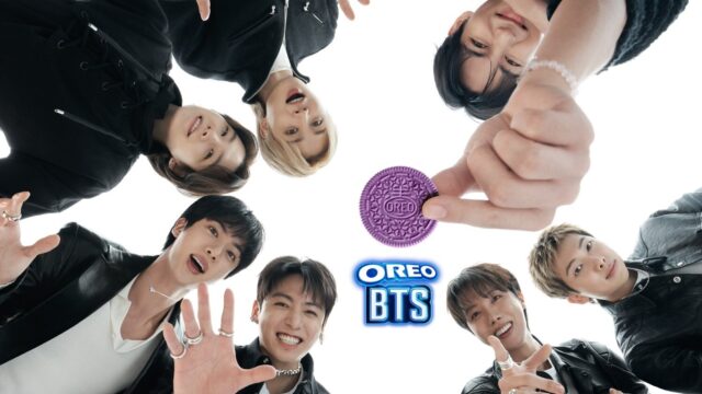 OREO BTS Cookies purple cookie campaign OREO BTS Cookies campaign image with BTS members and a purple OREO cookie
