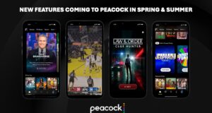 Peacock mobile app screens showing Your Bravoverse, vertical sports video, and mobile games.